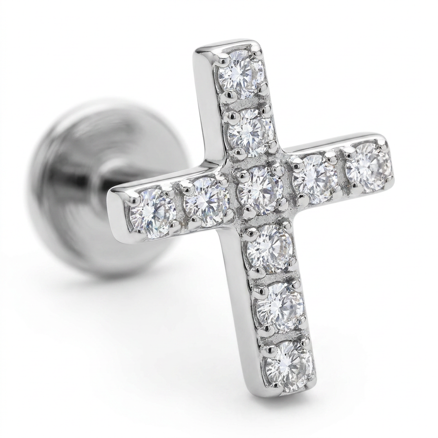 Piercing con croce zirconi in Acciaio Chirurgico 316L - Piercing per lobo, helix, forward helix, conch, flat, tragus
