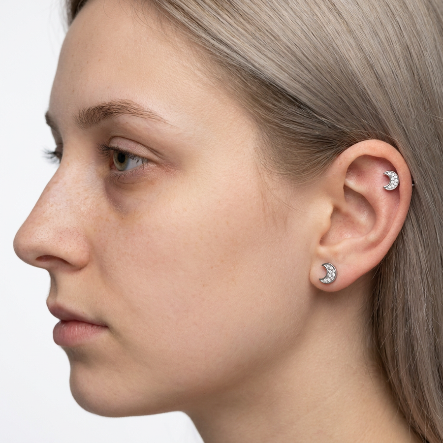 Piercing con luna e zirconi in Acciaio Chirurgico 316L - Piercing per lobo, helix, forward helix, conch, flat, tragus