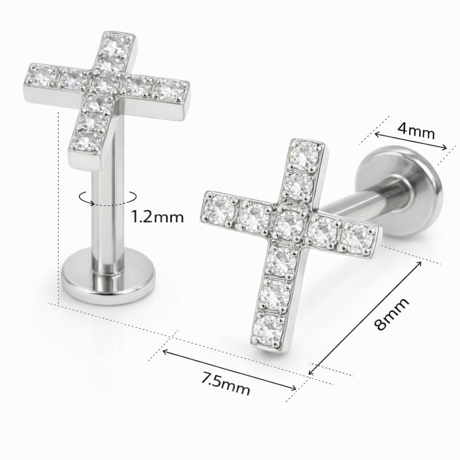 Piercing con croce zirconi in Acciaio Chirurgico 316L - Piercing per lobo, helix, forward helix, conch, flat, tragus