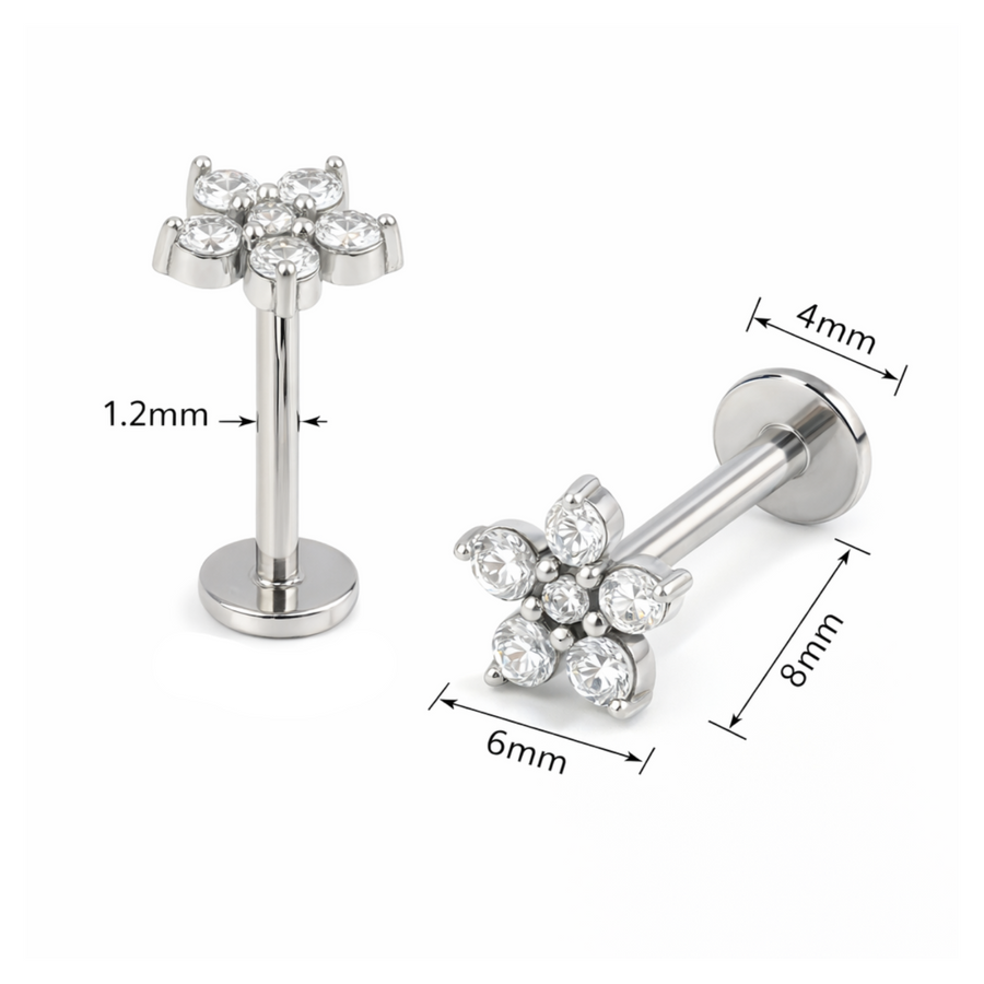 Piercing con fiore di zirconi in Acciaio Chirurgico 316L - Piercing per lobo, helix, forward helix, conch, flat, tragus