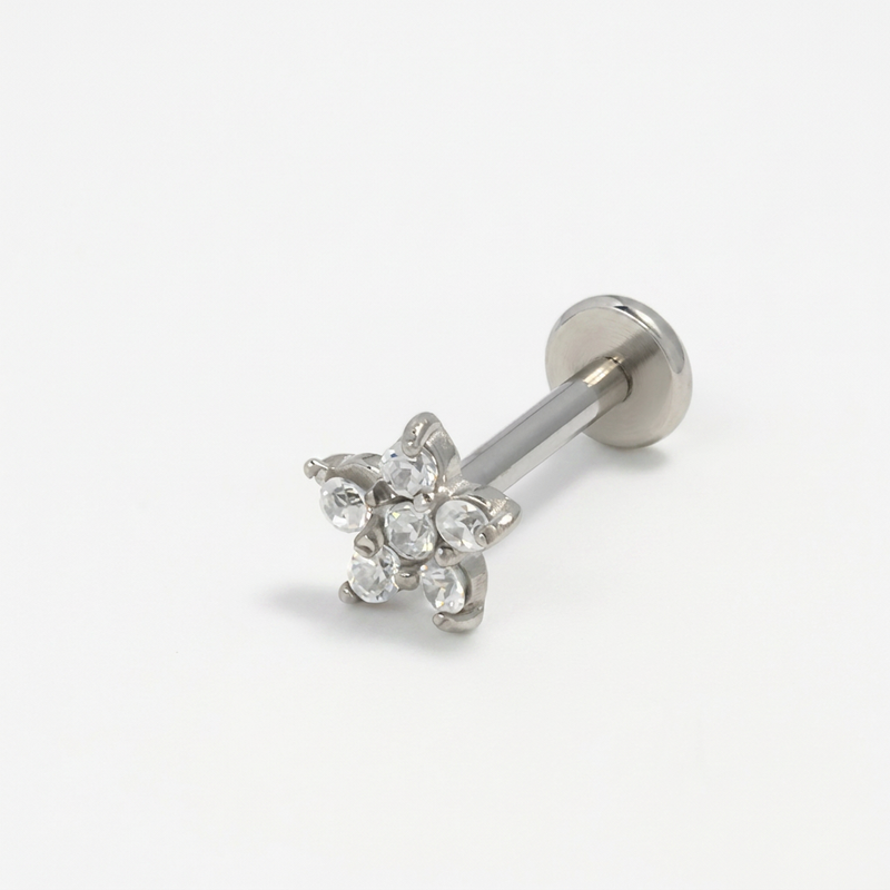 Piercing con fiorellino di zirconi in acciaio chirurgico 316L - Piercing per lobo, helix, forward helix, conch, flat, tragus