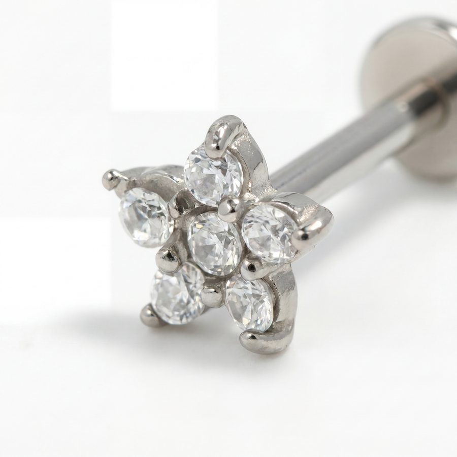Piercing con fiorellino di zirconi in acciaio chirurgico 316L - Piercing per lobo, helix, forward helix, conch, flat, tragus