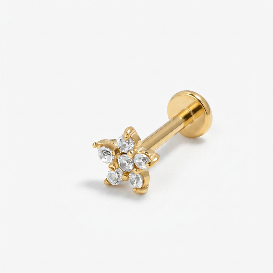 Piercing con fiorellino di zirconi in acciaio chirurgico 316L - Piercing per lobo, helix, forward helix, conch, flat, tragus