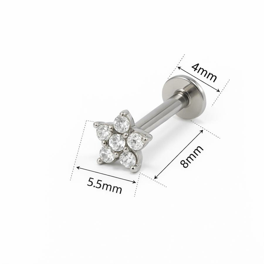Piercing con fiorellino di zirconi in acciaio chirurgico 316L - Piercing per lobo, helix, forward helix, conch, flat, tragus