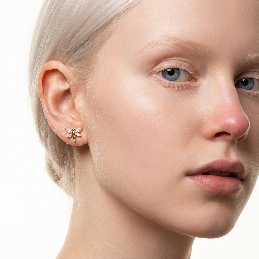 Piercing con libellula e zirconi in acciaio chirurgico 316L - Piercing per lobo, helix, forward helix, conch, flat, tragus