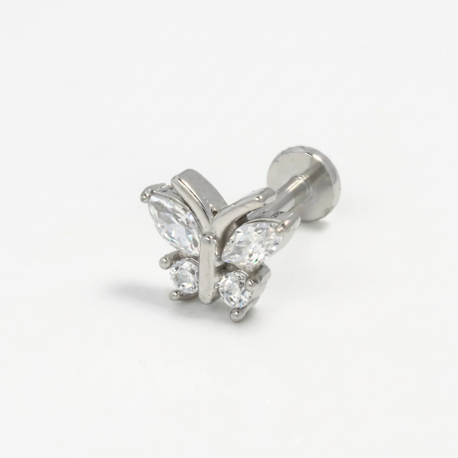 Piercing con farfallina di zirconi in Acciaio Chirurgico 316L - Piercing per lobo, helix, forward helix, conch, flat, tragus