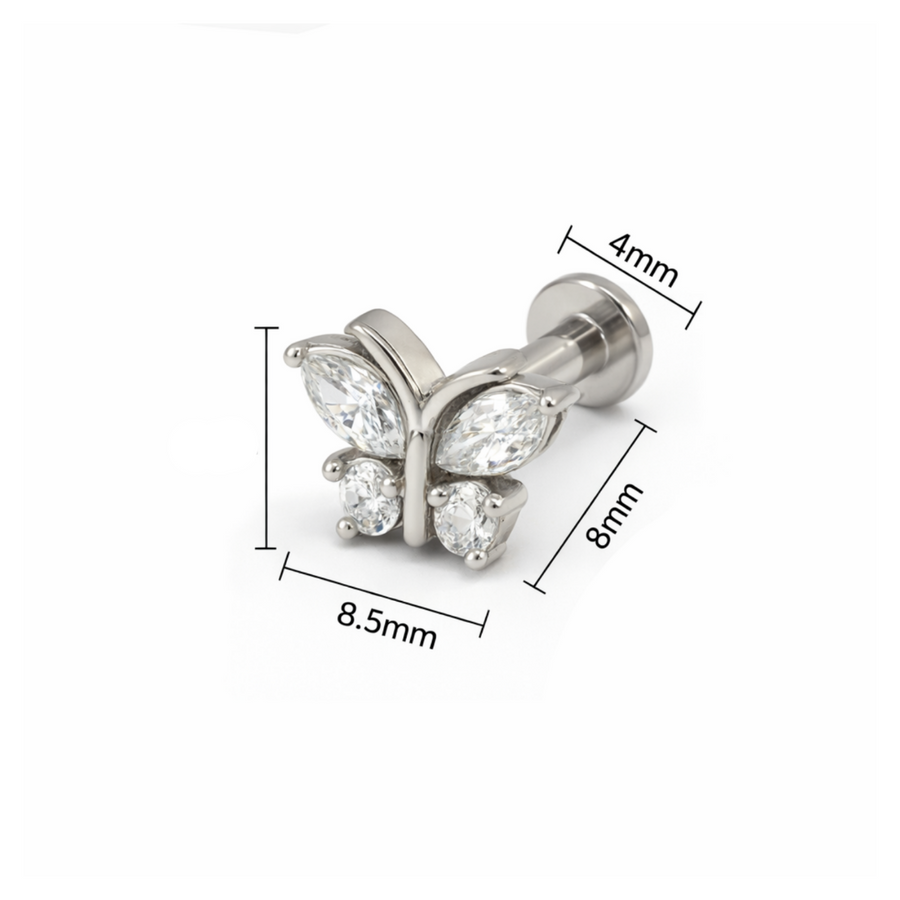 Piercing con farfallina di zirconi in Acciaio Chirurgico 316L - Piercing per lobo, helix, forward helix, conch, flat, tragus