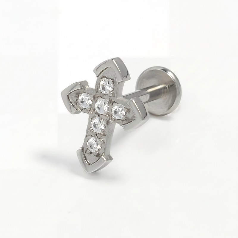 Piercing con croce di zirconi in Acciaio Chirurgico 316L - Piercing per lobo, helix, forward helix, conch, flat, tragus
