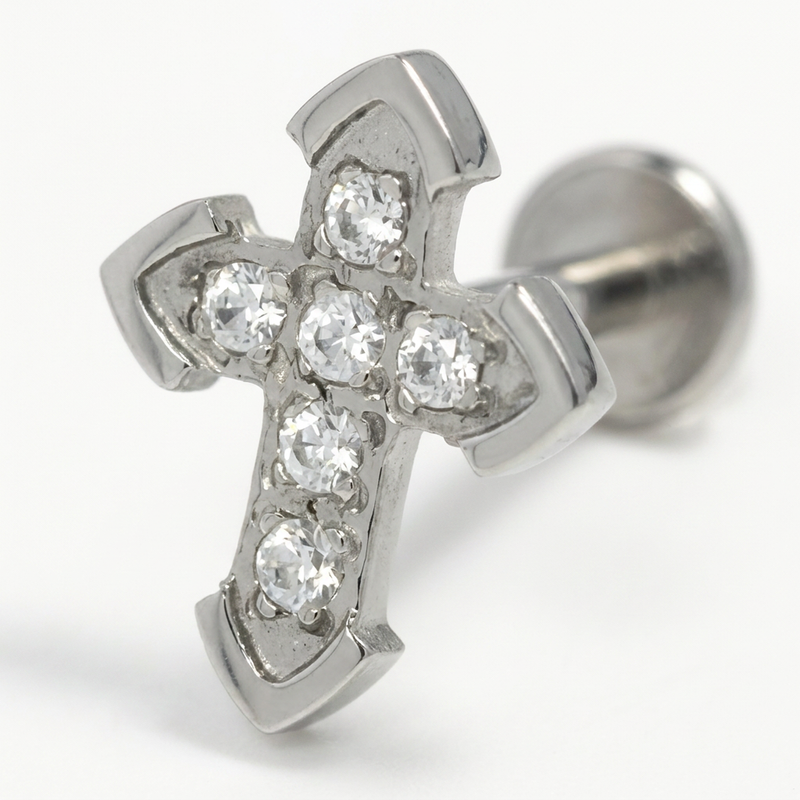 Piercing con croce di zirconi in Acciaio Chirurgico 316L - Piercing per lobo, helix, forward helix, conch, flat, tragus