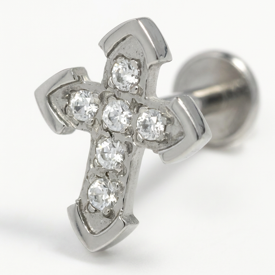 Piercing con croce di zirconi in Acciaio Chirurgico 316L - Piercing per lobo, helix, forward helix, conch, flat, tragus