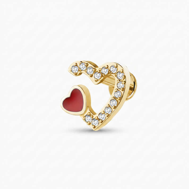 Piercing con cuore di zirconi e cuoricino rosso in Acciaio Chirurgico 316L - Piercing per lobo, helix, forward helix, conch, flat, tragus