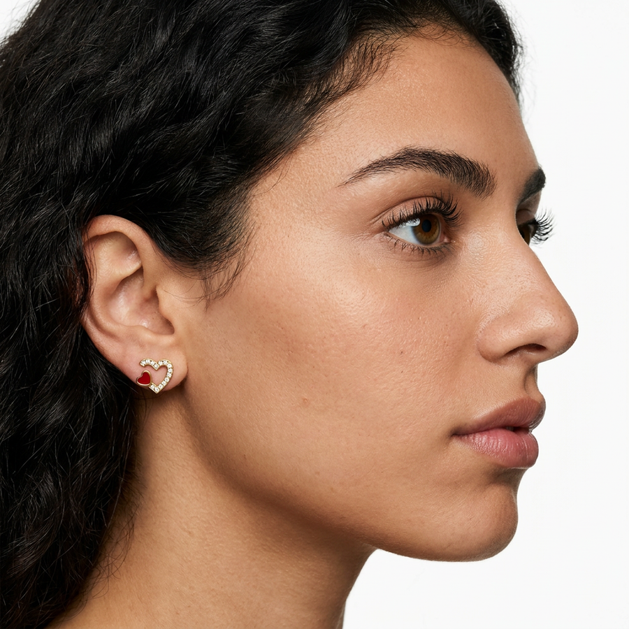 Piercing con cuore di zirconi e cuoricino rosso in Acciaio Chirurgico 316L - Piercing per lobo, helix, forward helix, conch, flat, tragus