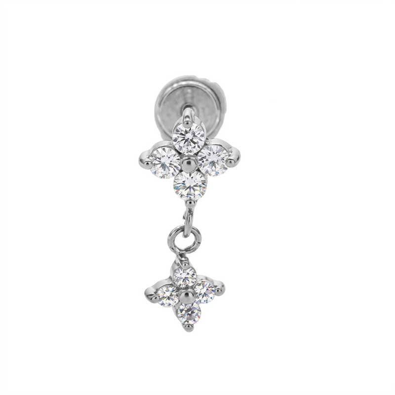 Piercing con fiore di zirconi e pendente in Acciaio Chirurgico 316L - Piercing per lobo, helix, forward helix, conch, flat, tragus