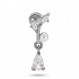 Piercing con ramoscello di zirconi e perla in acciaio chirurgico 316L - Piercing per lobo, helix, forward helix, conch, flat, tragus