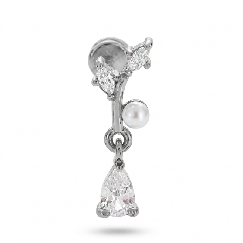 Piercing con ramoscello di zirconi e perla in Acciaio Chirurgico 316L - Piercing per lobo, helix, forward helix, conch, flat, tragus