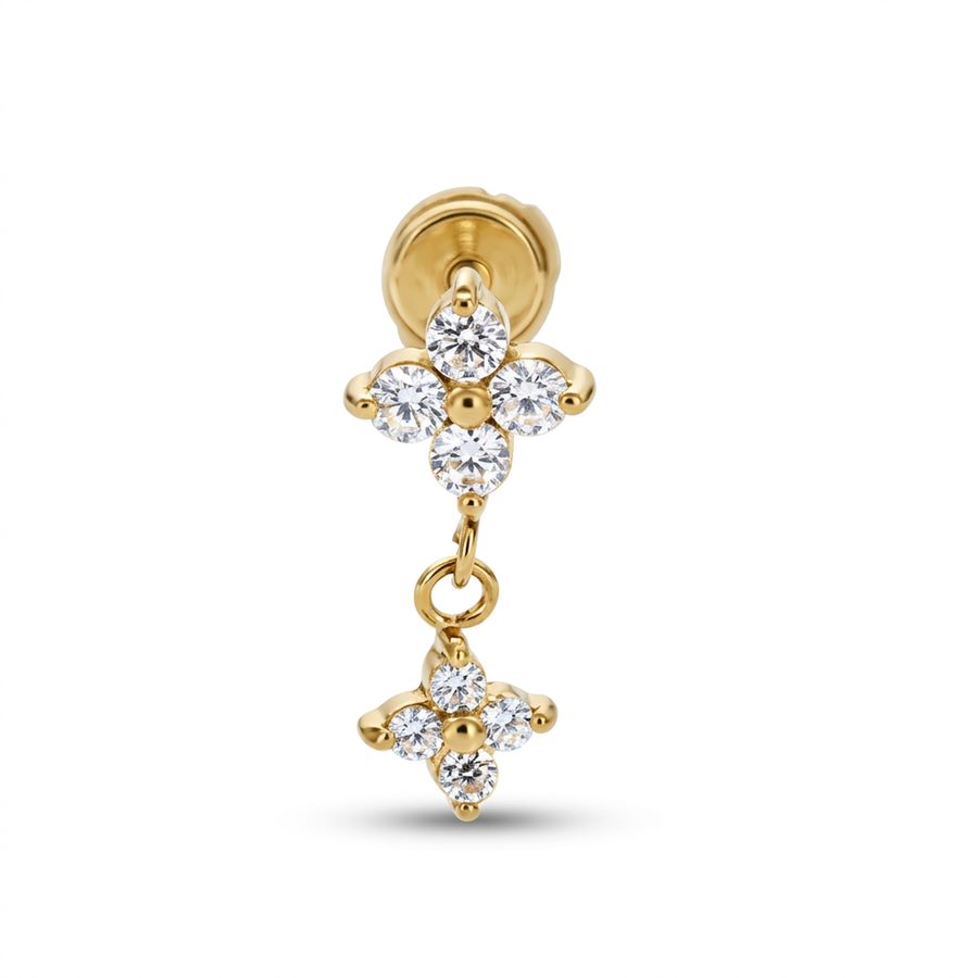 Piercing con fiore di zirconi e pendente in acciaio chirurgico 316L - Piercing per lobo, helix, forward helix, conch, flat, tragus