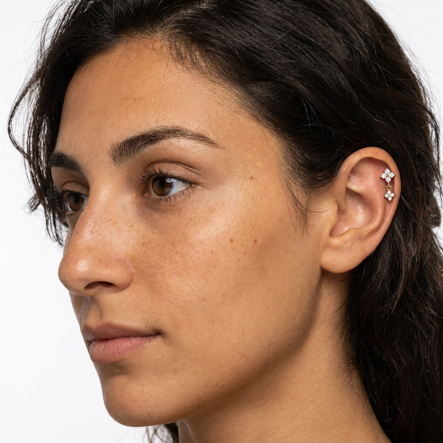 Piercing con fiore di zirconi e pendente in acciaio chirurgico 316L - Piercing per lobo, helix, forward helix, conch, flat, tragus