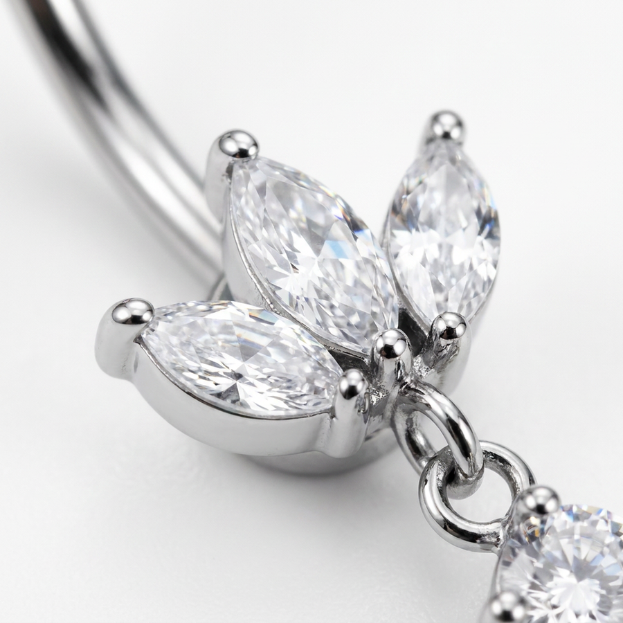 Piercing con tre petali zirconati e pendente in Acciaio Chirurgico 316L - Piercing per ombelico