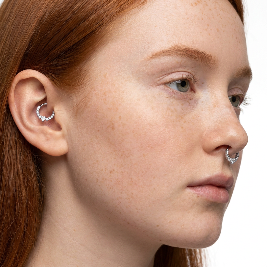 Piercing con zirconi e cuore in Acciaio Chirurgico 316L - Piercing per lobo, helix, daith, septum