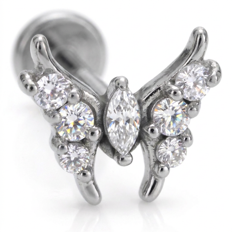 Piercing con farfalla zirconi in Acciaio Chirurgico 316L - Piercing per lobo, helix, forward helix, conch, flat, tragus