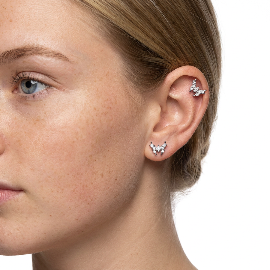 Piercing con farfalla zirconi in acciaio chirurgico 316L - Piercing per lobo, helix, forward helix, conch, flat, tragus