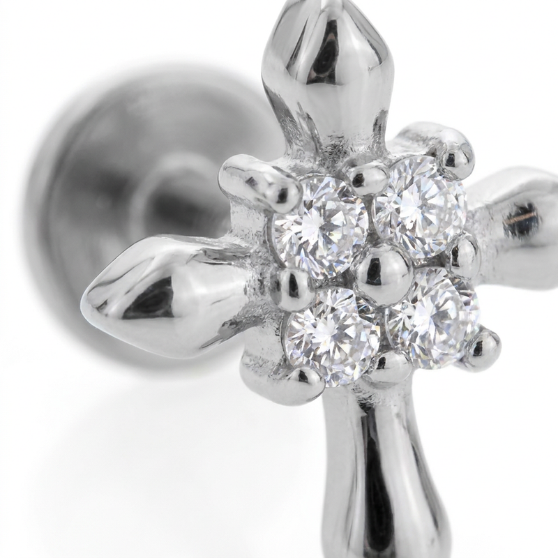 Piercing con croce e zirconi in Acciaio Chirurgico 316L - Piercing per lobo, helix, forward helix, conch, flat, tragus