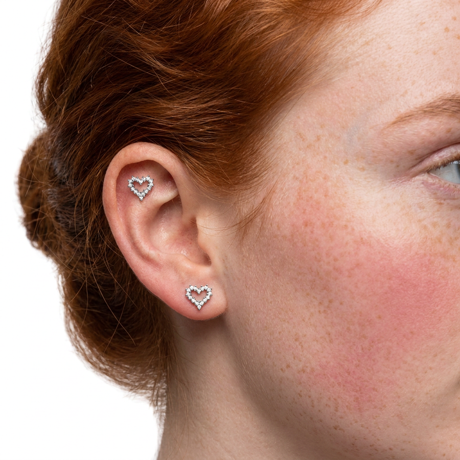 Piercing con cuore di zirconi in Acciaio Chirurgico 316L - Piercing per lobo, helix, forward helix, conch, flat, tragus