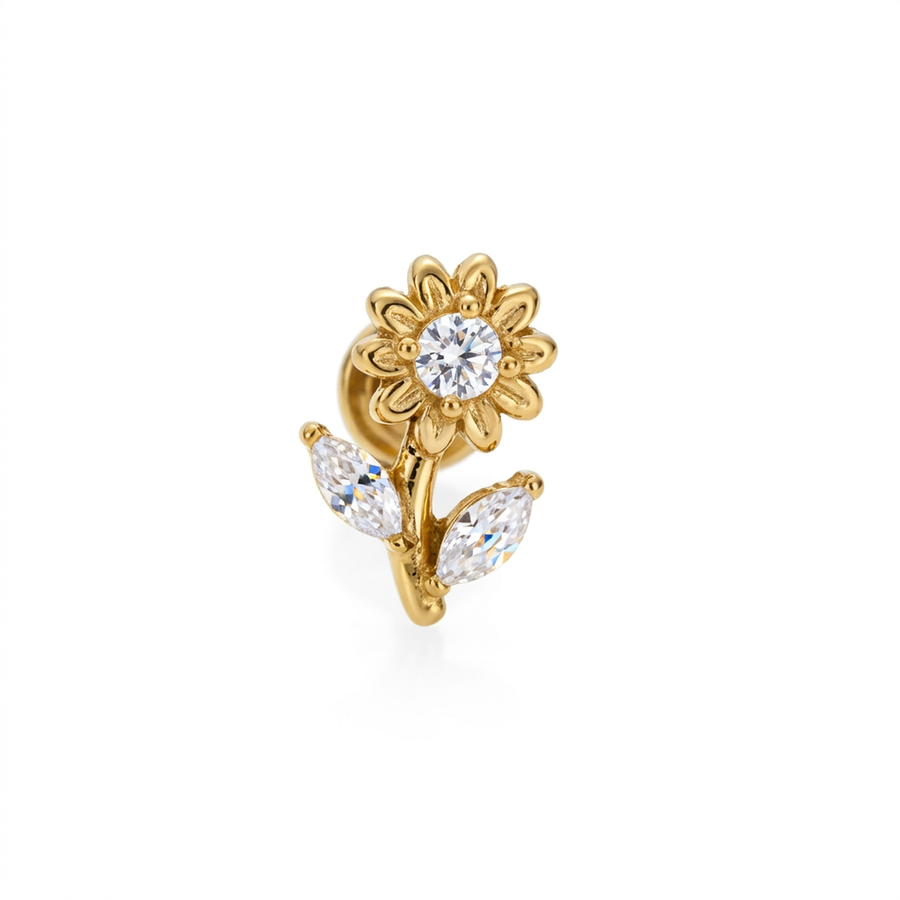 Piercing con girasole e zirconi in acciaio chirurgico 316L - Piercing per lobo, helix, forward helix, conch, flat, tragus