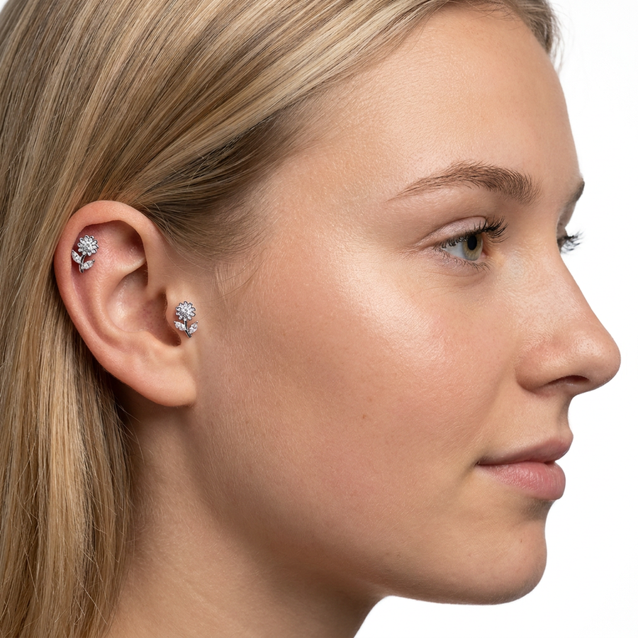 Piercing con girasole e zirconi in acciaio chirurgico 316L - Piercing per lobo, helix, forward helix, conch, flat, tragus