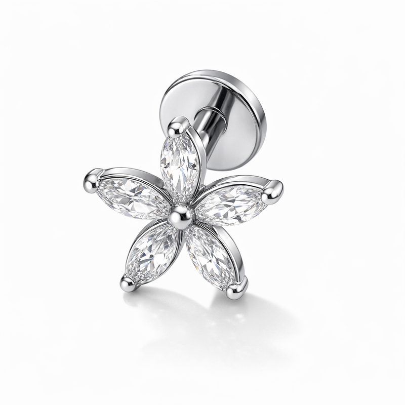 Piercing con fiore di zirconi in acciaio chirurgico 316L - Piercing per lobo, helix, forward helix, conch, flat, tragus
