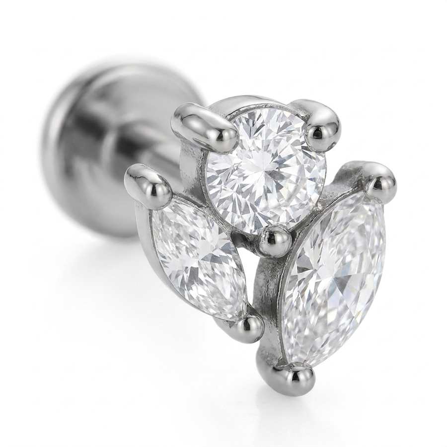 Piercing con tre zirconi in acciaio chirurgico 316L - Piercing per lobo, helix, forward helix, conch, flat, tragus