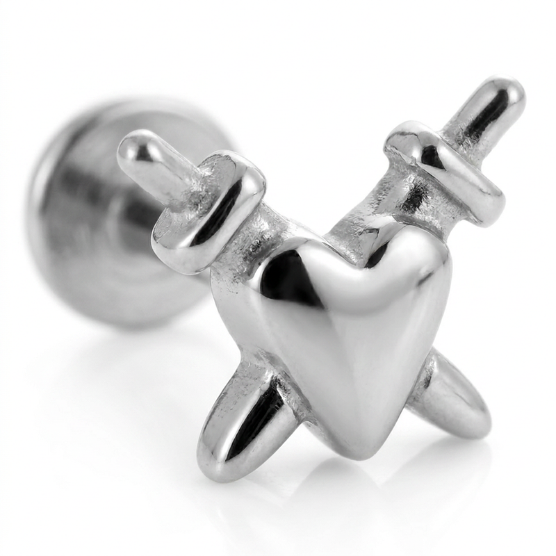 Piercing con cuore e spade in Acciaio Chirurgico 316L - Piercing per lobo, helix, forward helix, conch, flat, tragus