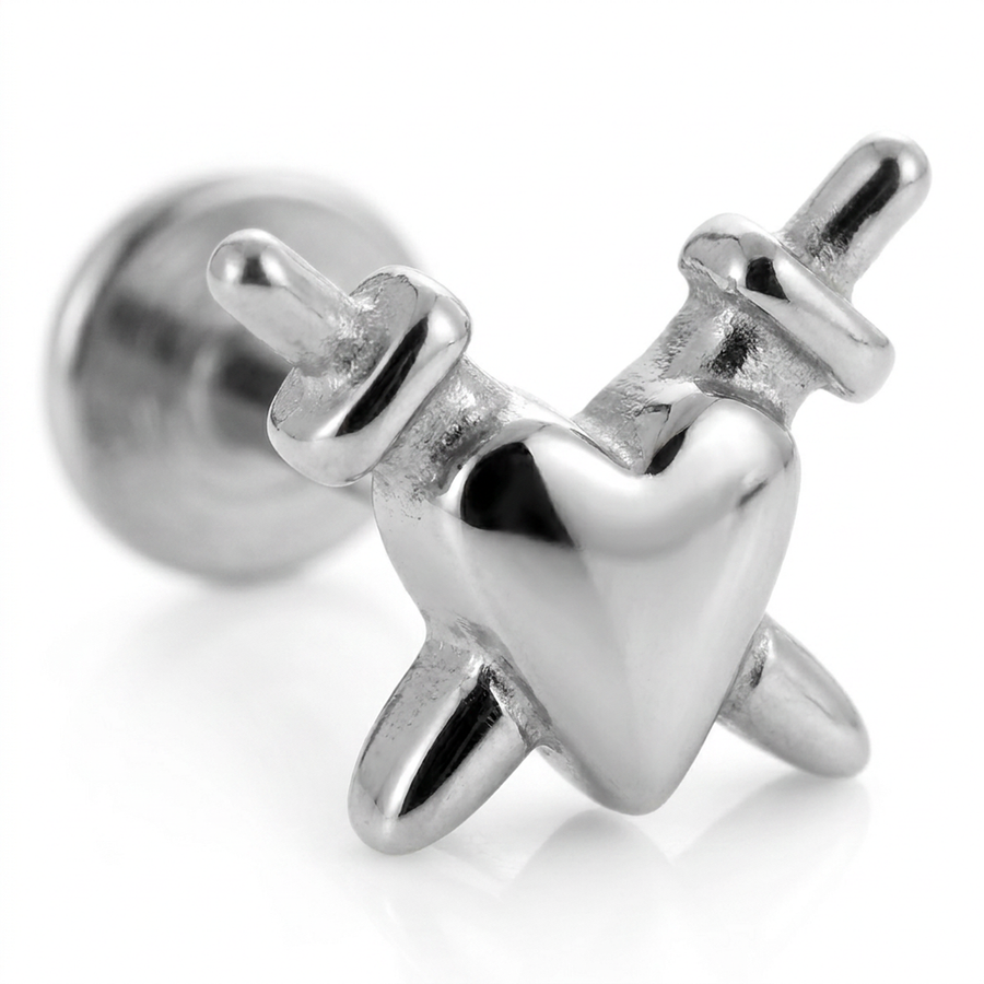 Piercing con cuore e spade in Acciaio Chirurgico 316L - Piercing per lobo, helix, forward helix, conch, flat, tragus