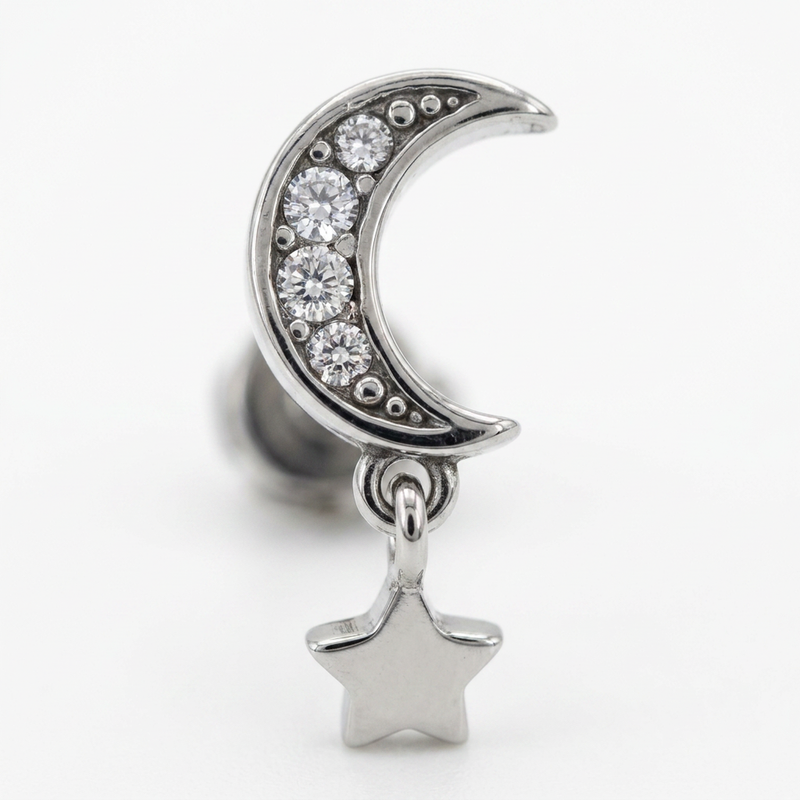 Piercing con mezza luna e pendente di zirconi in Acciaio Chirurgico 316L - Piercing per lobo, helix, forward helix, conch, flat, tragus