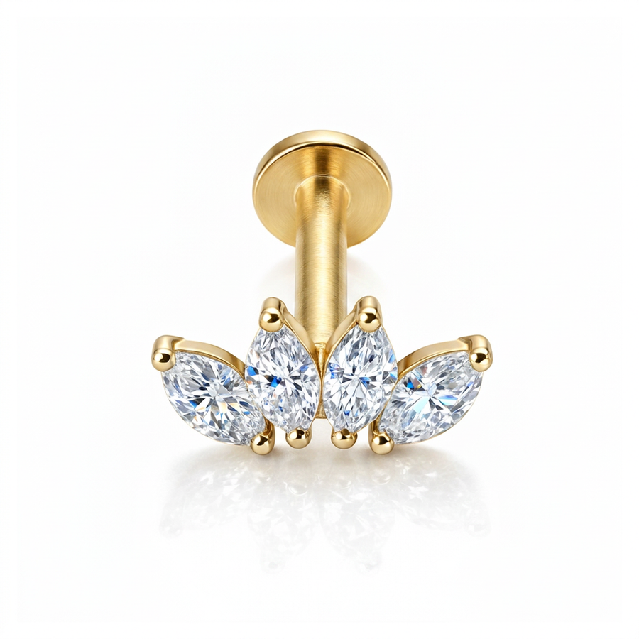 Piercing con quattro zirconi in acciaio chirurgico 316L - Piercing per lobo, helix, forward helix, conch, flat, tragus
