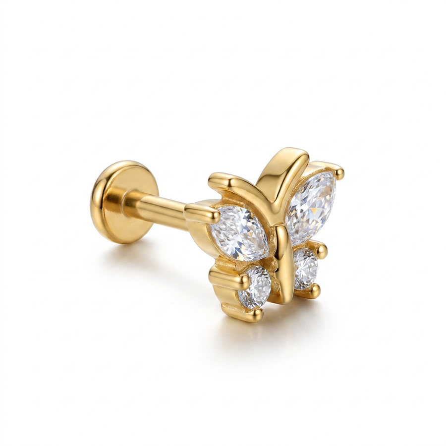 Piercing con farfalla zirconi in Acciaio Chirurgico 316L - Piercing per lobo, helix, forward helix, conch, flat, tragus