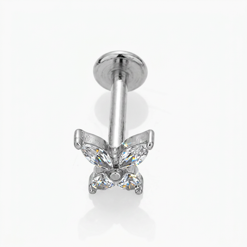 Piercing con farfallina zirconi in Acciaio Chirurgico 316L - Piercing per lobo, helix, forward helix, conch, flat, tragus