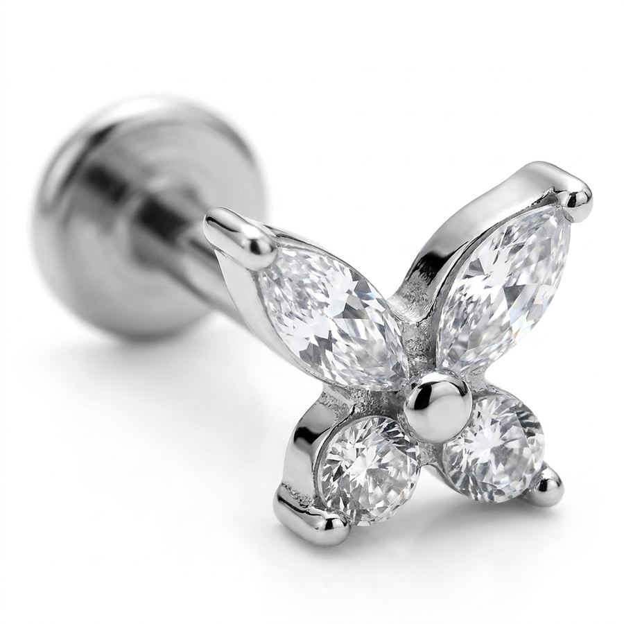 Piercing con farfallina zirconi in Acciaio Chirurgico 316L - Piercing per lobo, helix, forward helix, conch, flat, tragus