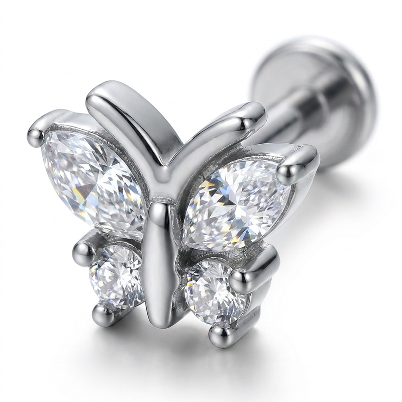 Piercing con farfalla zirconi in Acciaio Chirurgico 316L - Piercing per lobo, helix, forward helix, conch, flat, tragus