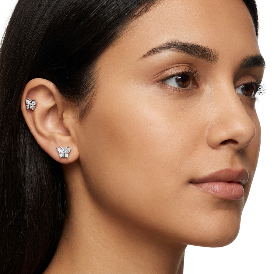 Piercing con farfalla zirconi in Acciaio Chirurgico 316L - Piercing per lobo, helix, forward helix, conch, flat, tragus