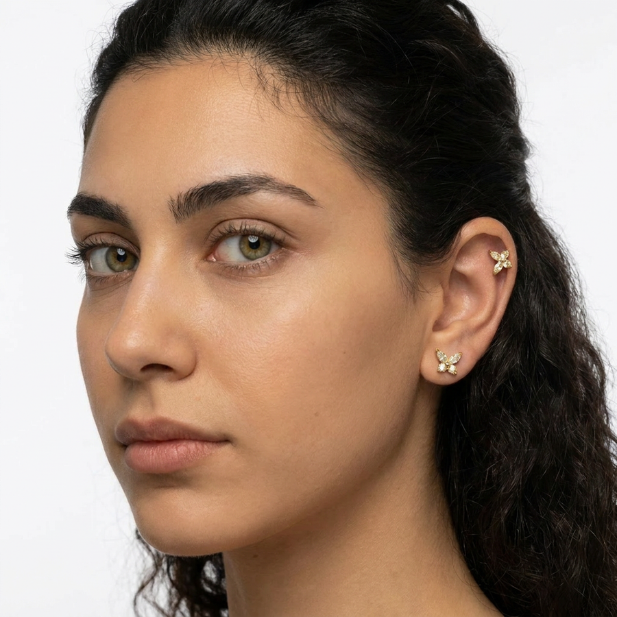 Piercing con farfallina zirconi in Acciaio Chirurgico 316L - Piercing per lobo, helix, forward helix, conch, flat, tragus