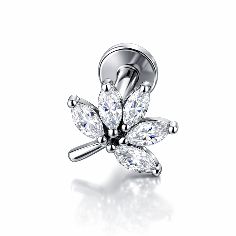 Piercing con foglia di zirconi in acciaio chirurgico 316L - Piercing per lobo, helix, forward helix, conch, flat, tragus