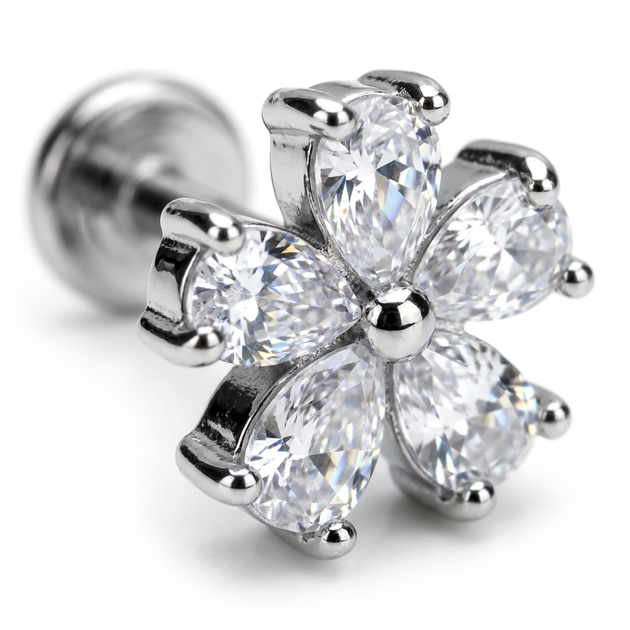 Piercing con fiore di zirconi in Acciaio Chirurgico 316L - Piercing per lobo, helix, forward helix, conch, flat, tragus