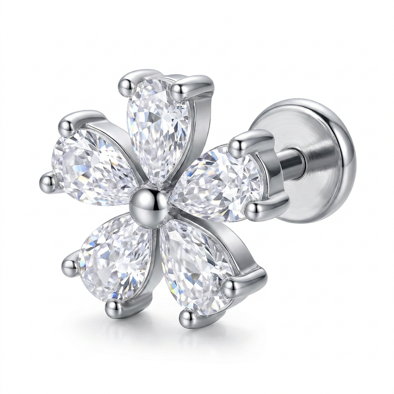 Piercing con fiore di zirconi in Acciaio Chirurgico 316L - Piercing per lobo, helix, forward helix, conch, flat, tragus