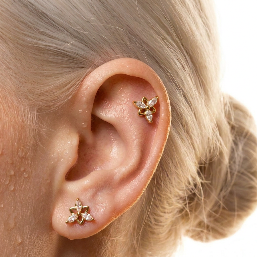 Piercing fiore con zirconi in Acciaio Chirurgico 316L - Piercing per lobo, helix, forward helix, conch, flat, tragus