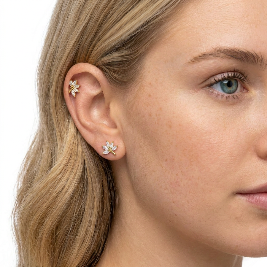 Piercing con foglia di zirconi in acciaio chirurgico 316L - Piercing per lobo, helix, forward helix, conch, flat, tragus