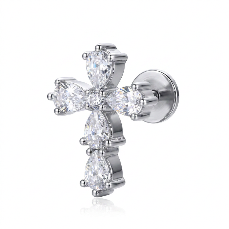 Piercing con croce di zirconi in Acciaio Chirurgico 316L - Piercing per lobo, helix, forward helix, conch, flat, tragus