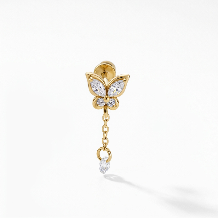 Barretta con farfalla e pendente con zircone in Acciaio Chirurgico 316L  - Piercing per lobo, helix, forward helix, conch, flat, tragus