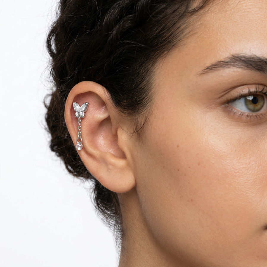 Barretta con farfalla e pendente con zircone in Acciaio Chirurgico 316L  - Piercing per lobo, helix, forward helix, conch, flat, tragus