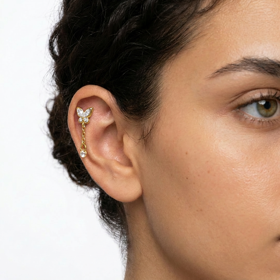 Barretta con farfalla e pendente con zircone in Acciaio Chirurgico 316L  - Piercing per lobo, helix, forward helix, conch, flat, tragus